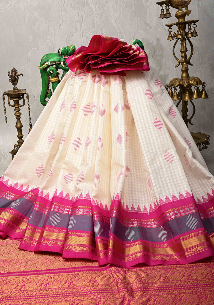 White Checks Pattern on Pure Kora Silk Gadwal Saree with Jamdani Buttas and Contrast Zari Border | SILK MARK CERTIFIED