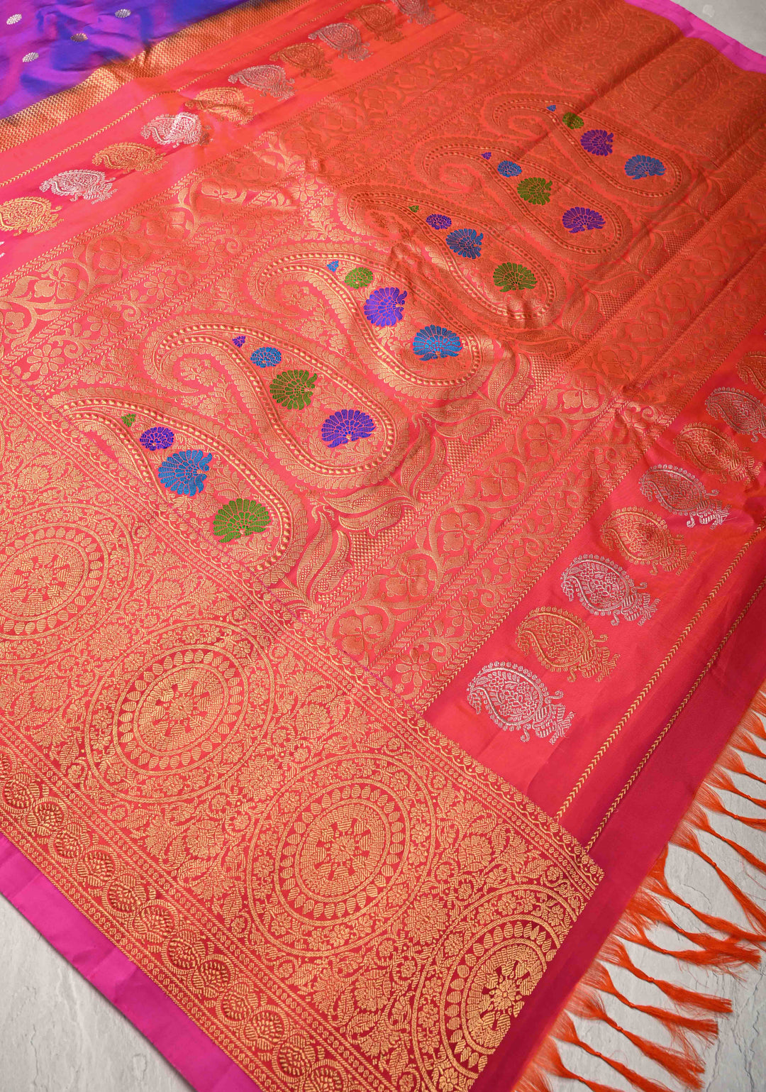 Purple Dual-Tone Gadwal Silk Saree with Gold-Silver Motifs and Contrast Zari Border | SILK MARK CERTIFIED