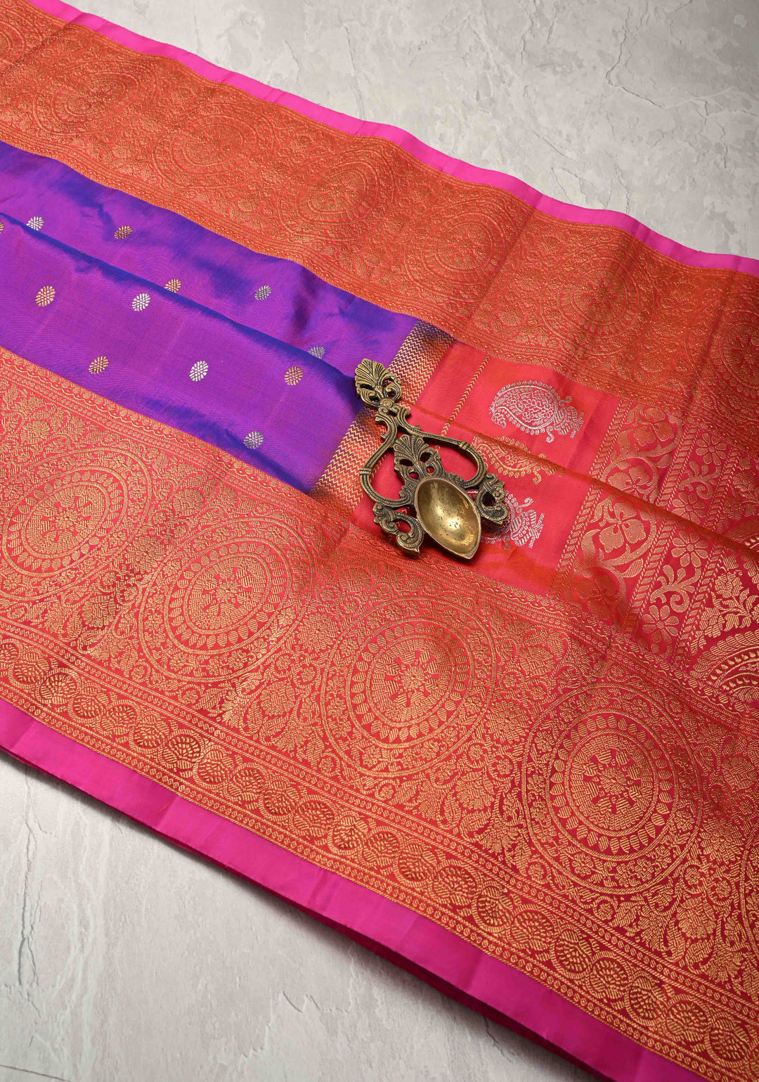 Purple Dual-Tone Gadwal Silk Saree with Gold-Silver Motifs and Contrast Zari Border | SILK MARK CERTIFIED