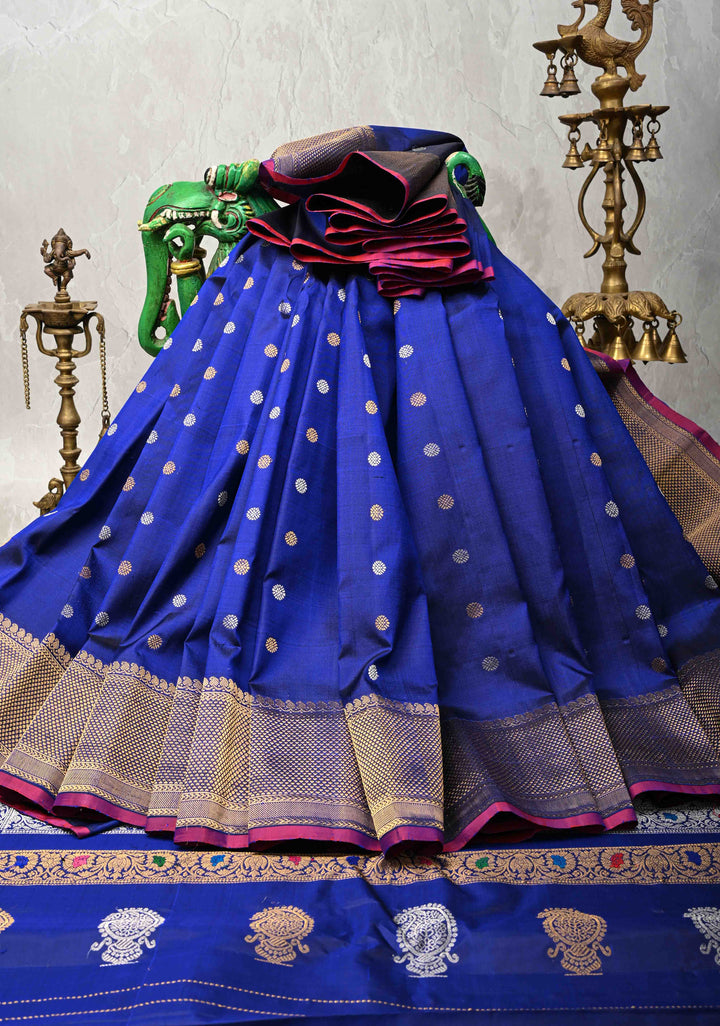 Sapphire Blue Gadwal Silk Saree with Gold-Silver Motifs and Boxed Handwoven Pallu | SILK MARK CERTIFIED