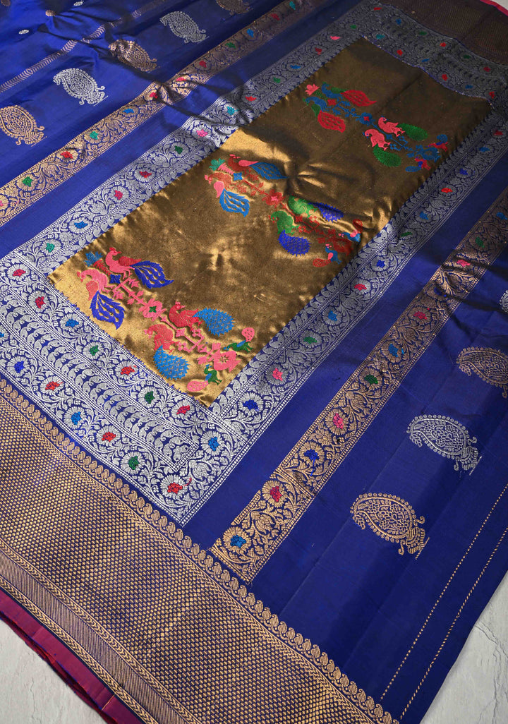 Sapphire Blue Gadwal Silk Saree with Gold-Silver Motifs and Boxed Handwoven Pallu | SILK MARK CERTIFIED