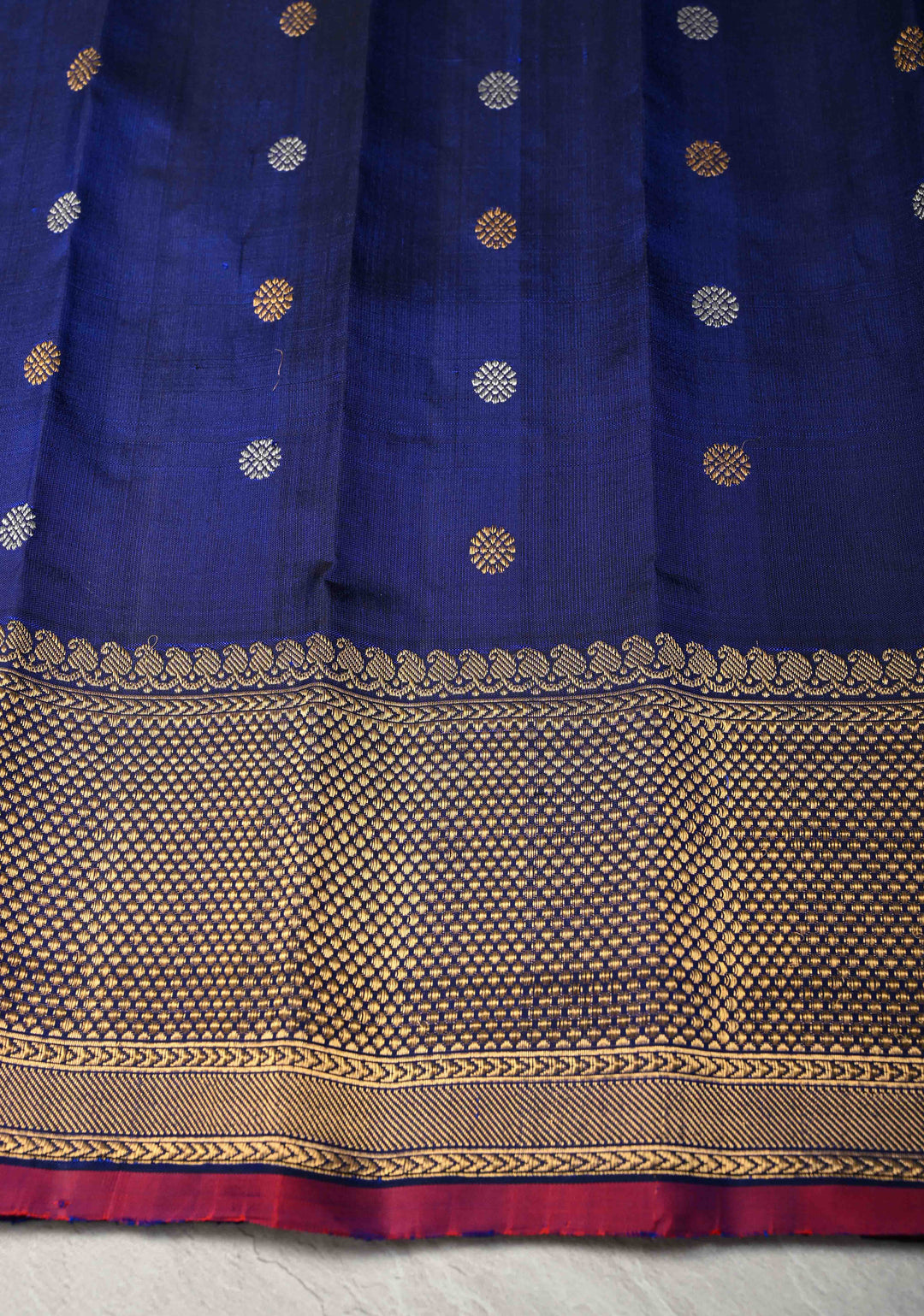 Sapphire Blue Gadwal Silk Saree with Gold-Silver Motifs and Boxed Handwoven Pallu | SILK MARK CERTIFIED