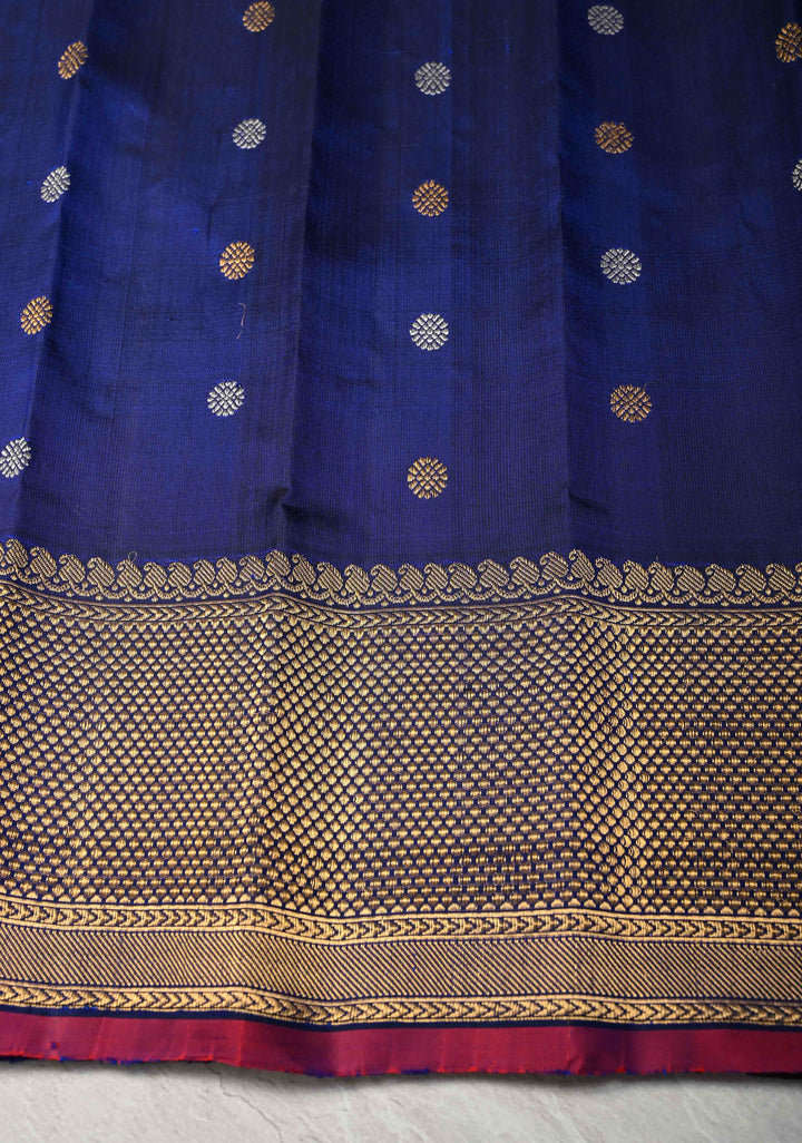 Sapphire Blue Gadwal Silk Saree with Gold-Silver Motifs and Boxed Handwoven Pallu | SILK MARK CERTIFIED
