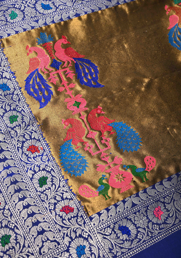 Sapphire Blue Gadwal Silk Saree with Gold-Silver Motifs and Boxed Handwoven Pallu | SILK MARK CERTIFIED