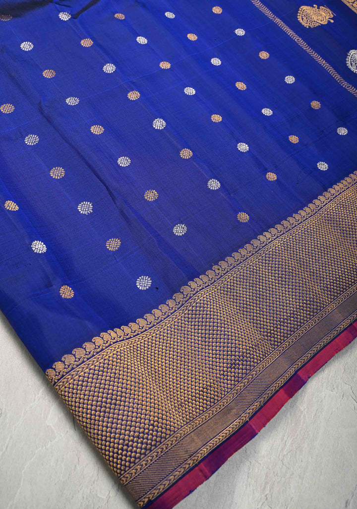 Sapphire Blue Gadwal Silk Saree with Gold-Silver Motifs and Boxed Handwoven Pallu | SILK MARK CERTIFIED