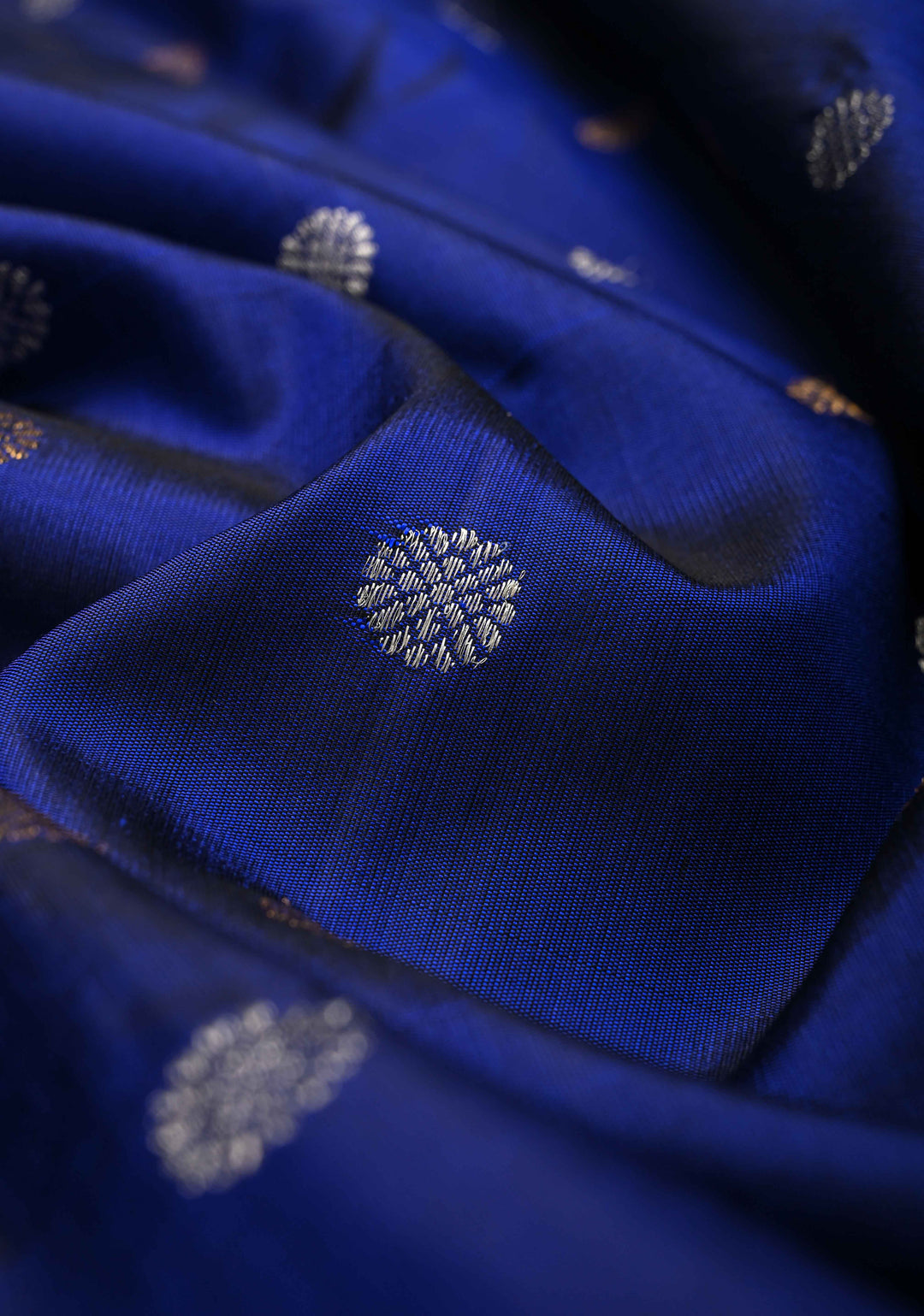 Sapphire Blue Gadwal Silk Saree with Gold-Silver Motifs and Boxed Handwoven Pallu | SILK MARK CERTIFIED