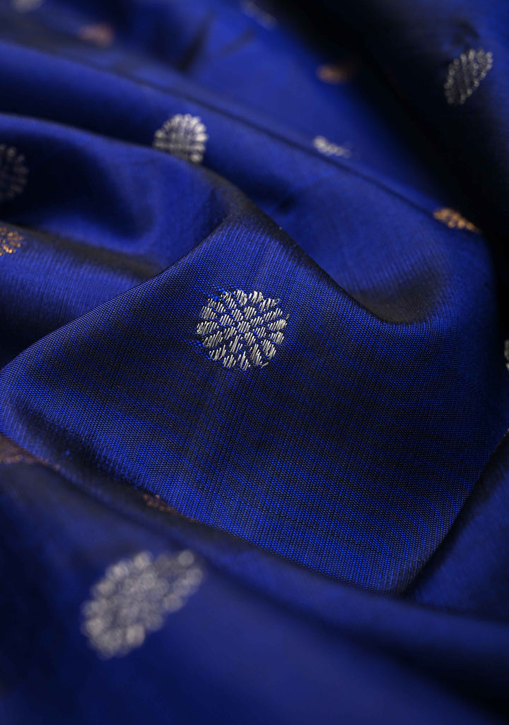 Sapphire Blue Gadwal Silk Saree with Gold-Silver Motifs and Boxed Handwoven Pallu | SILK MARK CERTIFIED