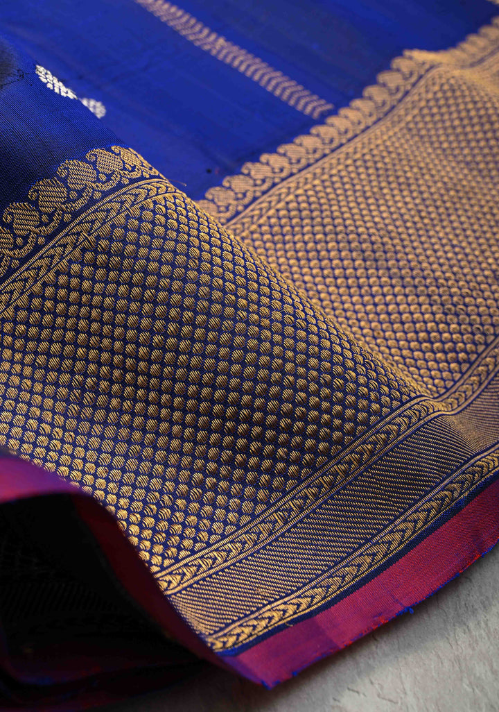 Sapphire Blue Gadwal Silk Saree with Gold-Silver Motifs and Boxed Handwoven Pallu | SILK MARK CERTIFIED