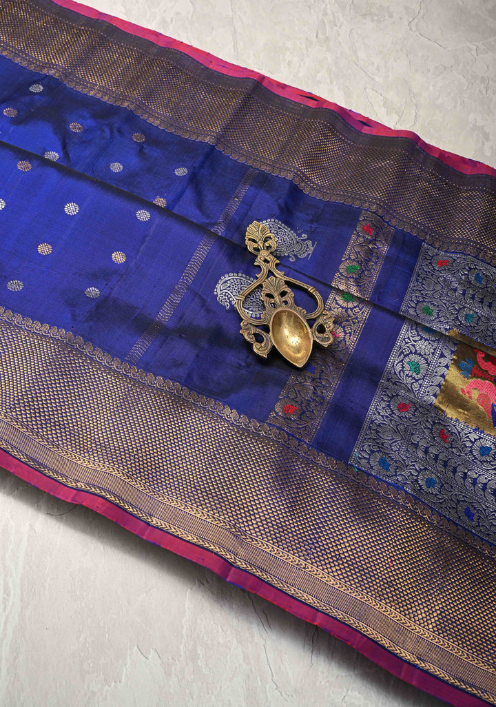 Sapphire Blue Gadwal Silk Saree with Gold-Silver Motifs and Boxed Handwoven Pallu | SILK MARK CERTIFIED