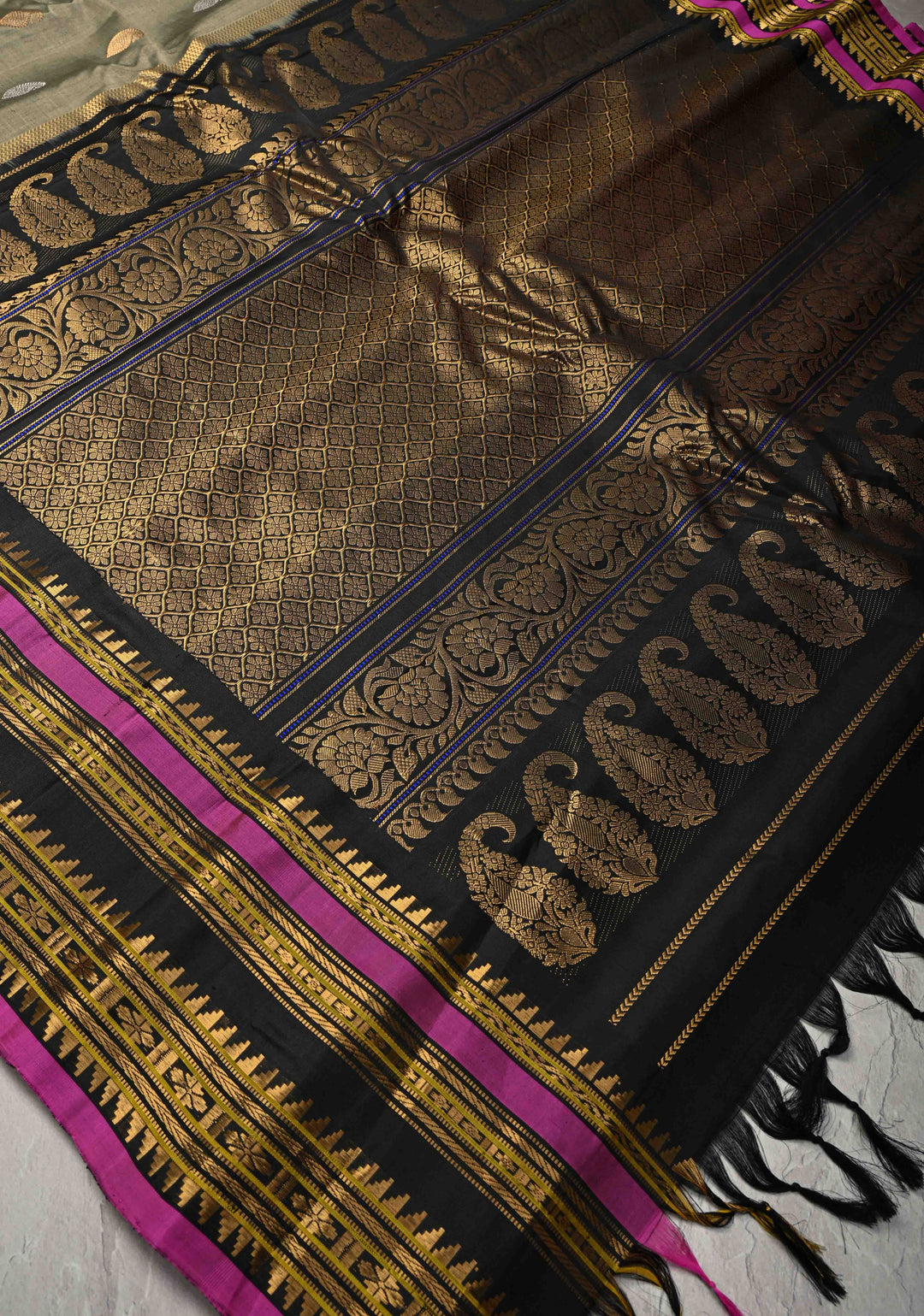 Gray Gadwal Silk Cotton  Saree with Gold-Silver Motifs and Contrast Zari Border