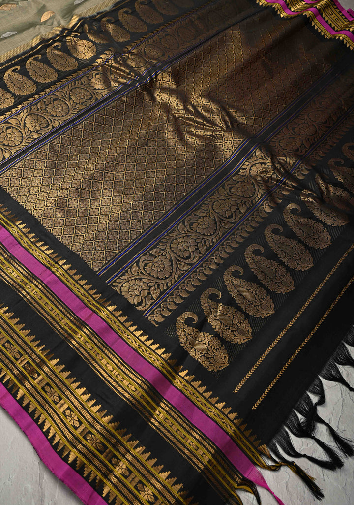 Gray Gadwal Silk Cotton  Saree with Gold-Silver Motifs and Contrast Zari Border