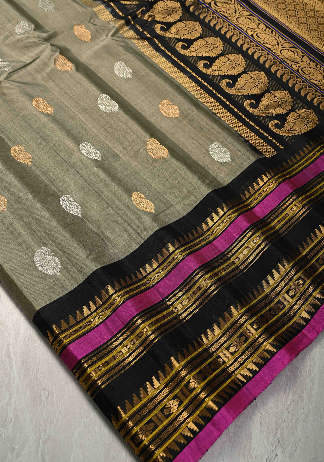Gray Gadwal Silk Cotton  Saree with Gold-Silver Motifs and Contrast Zari Border