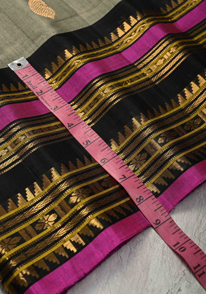 Gray Gadwal Silk Cotton  Saree with Gold-Silver Motifs and Contrast Zari Border