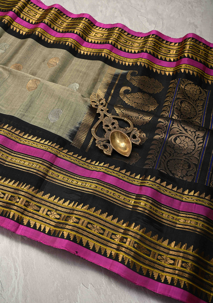 Gray Gadwal Silk Cotton  Saree with Gold-Silver Motifs and Contrast Zari Border