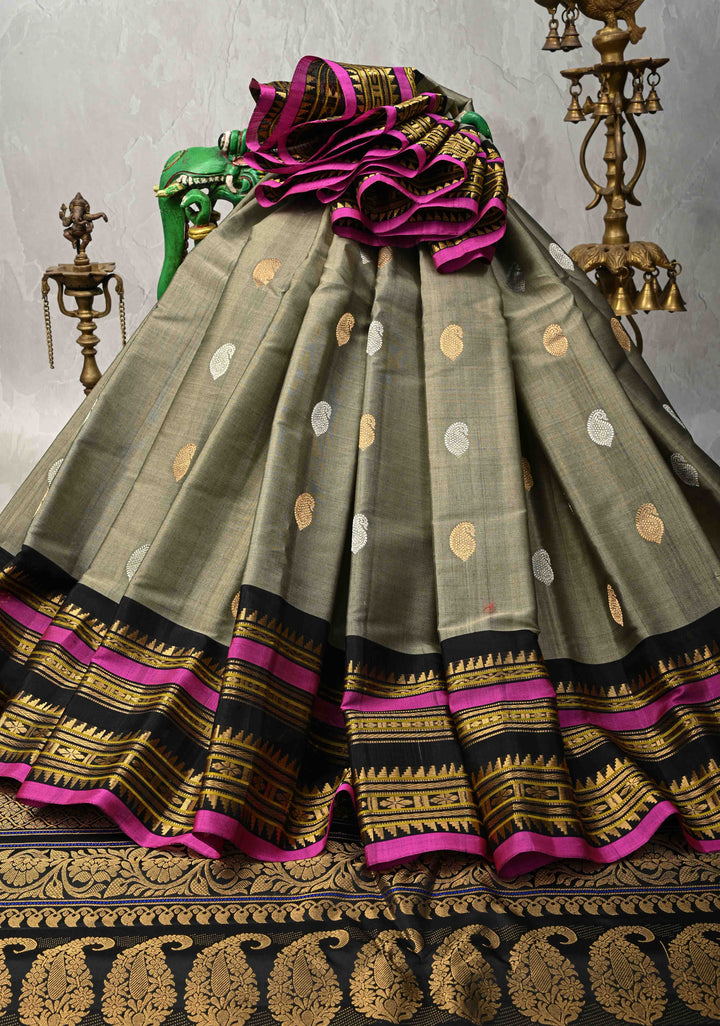 Gray Gadwal Silk Cotton  Saree with Gold-Silver Motifs and Contrast Zari Border