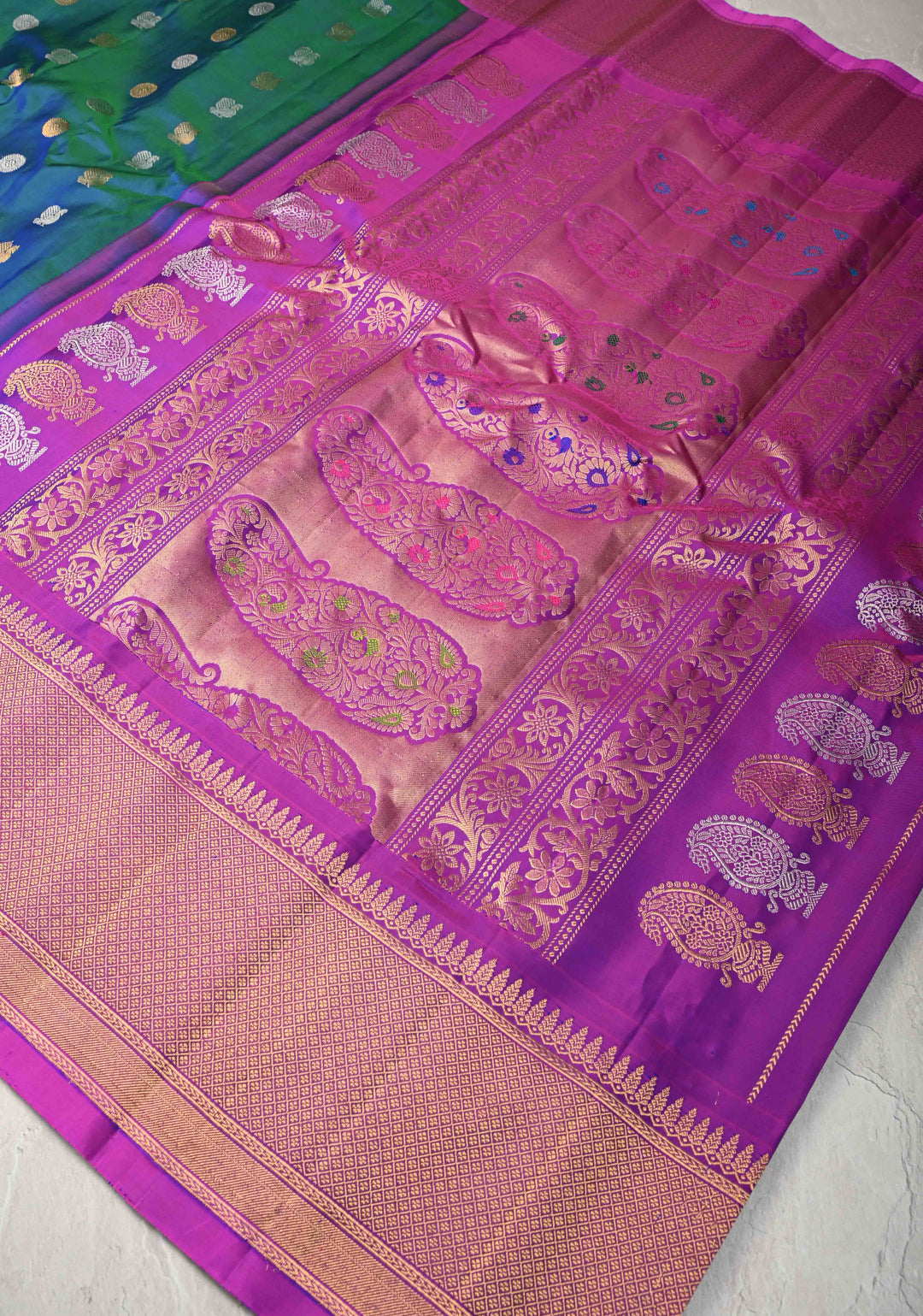 Peacock Blue Dual-Tone Gadwal Silk Saree with Gold-Silver Motifs and Contrast Zari Border | SILK MARK CERTIFIED