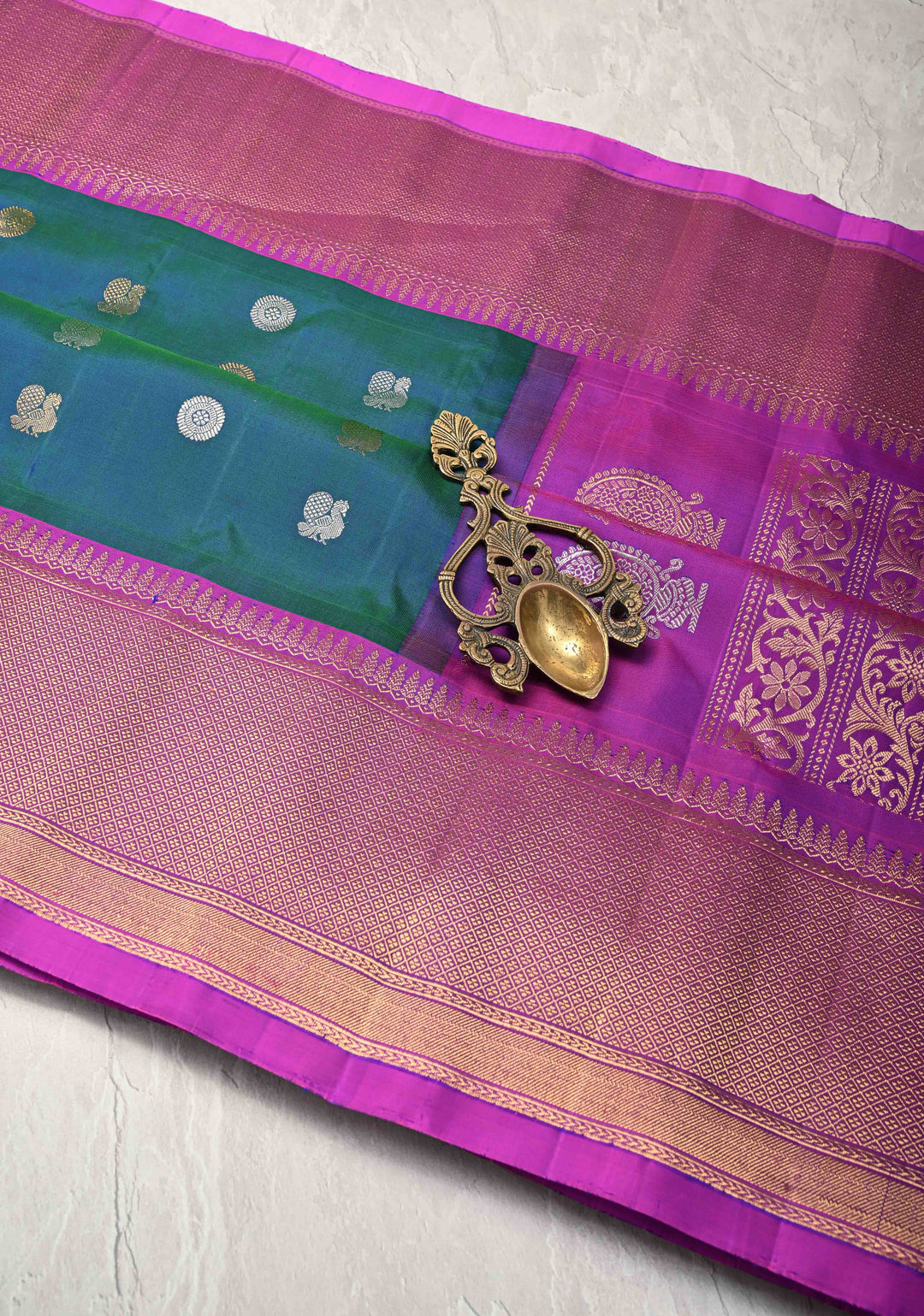 Peacock Blue Dual-Tone Gadwal Silk Saree with Gold-Silver Motifs and Contrast Zari Border | SILK MARK CERTIFIED