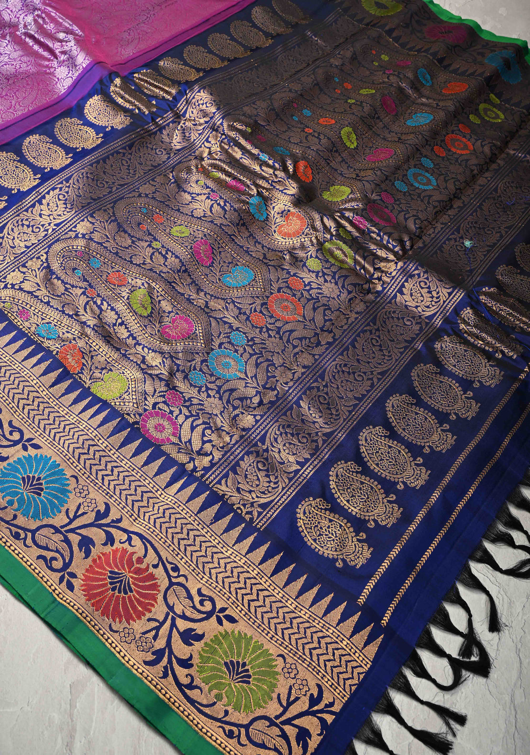 Purple Dual tone Pure Gadwal Silk Saree with Brocade and Paithani Meenakari Zari Border | SILK MARK CERTIFIED
