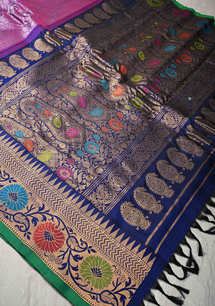 Purple Dual tone Pure Gadwal Silk Saree with Brocade and Paithani Meenakari Zari Border | SILK MARK CERTIFIED