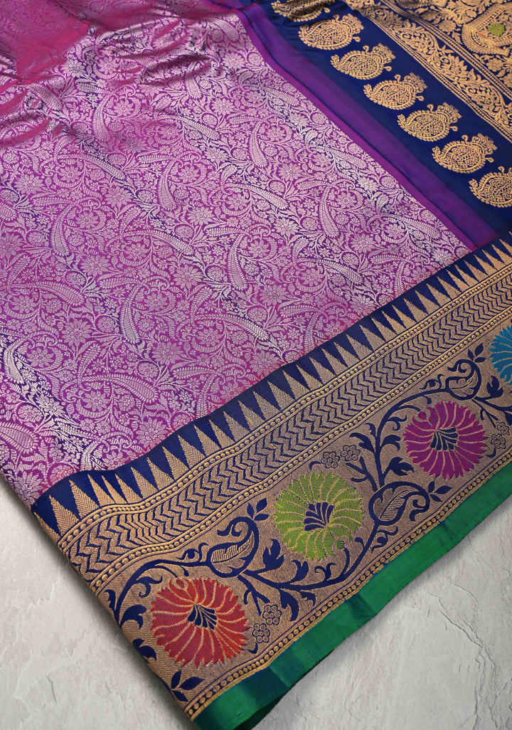 Purple Dual tone Pure Gadwal Silk Saree with Brocade and Paithani Meenakari Zari Border | SILK MARK CERTIFIED