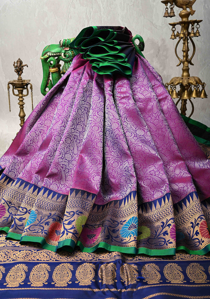 Purple Dual tone Pure Gadwal Silk Saree with Brocade and Paithani Meenakari Zari Border | SILK MARK CERTIFIED