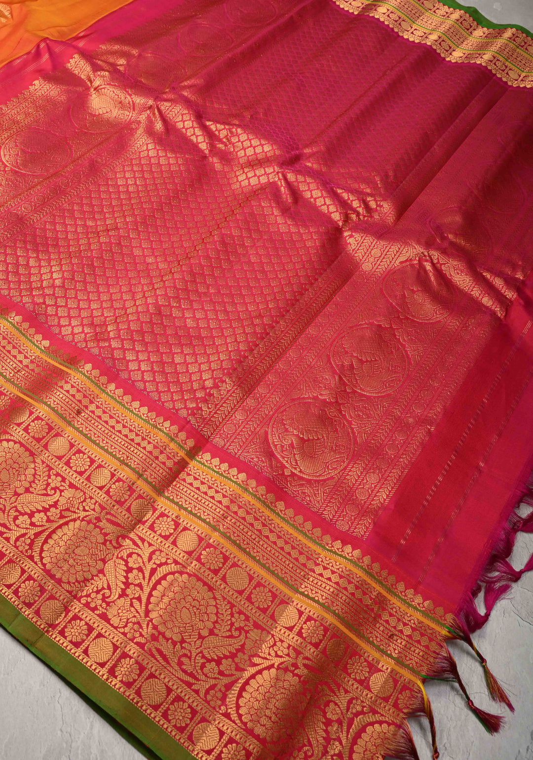 Mustard Orange Pure Gadwal Silk Saree with Meenakari Buttas and Kanchi Border | SILK MARK CERTIFIED