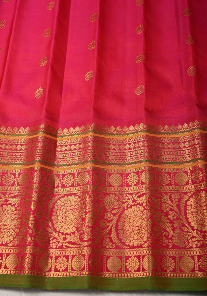 Mustard Orange Pure Gadwal Silk Saree with Meenakari Buttas and Kanchi Border | SILK MARK CERTIFIED