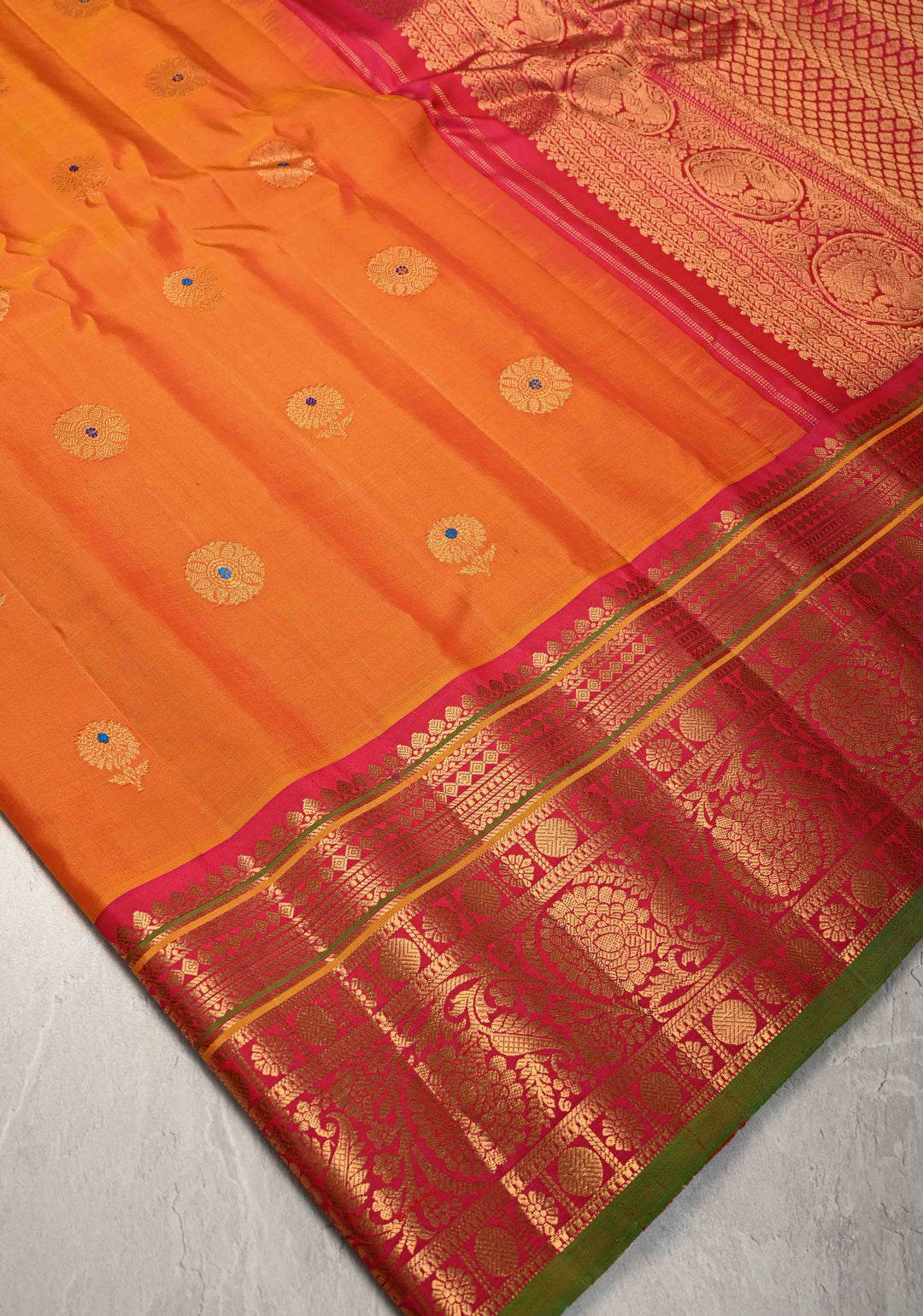 Mustard Orange Pure Gadwal Silk Saree with Meenakari Buttas and Kanchi Border | SILK MARK CERTIFIED