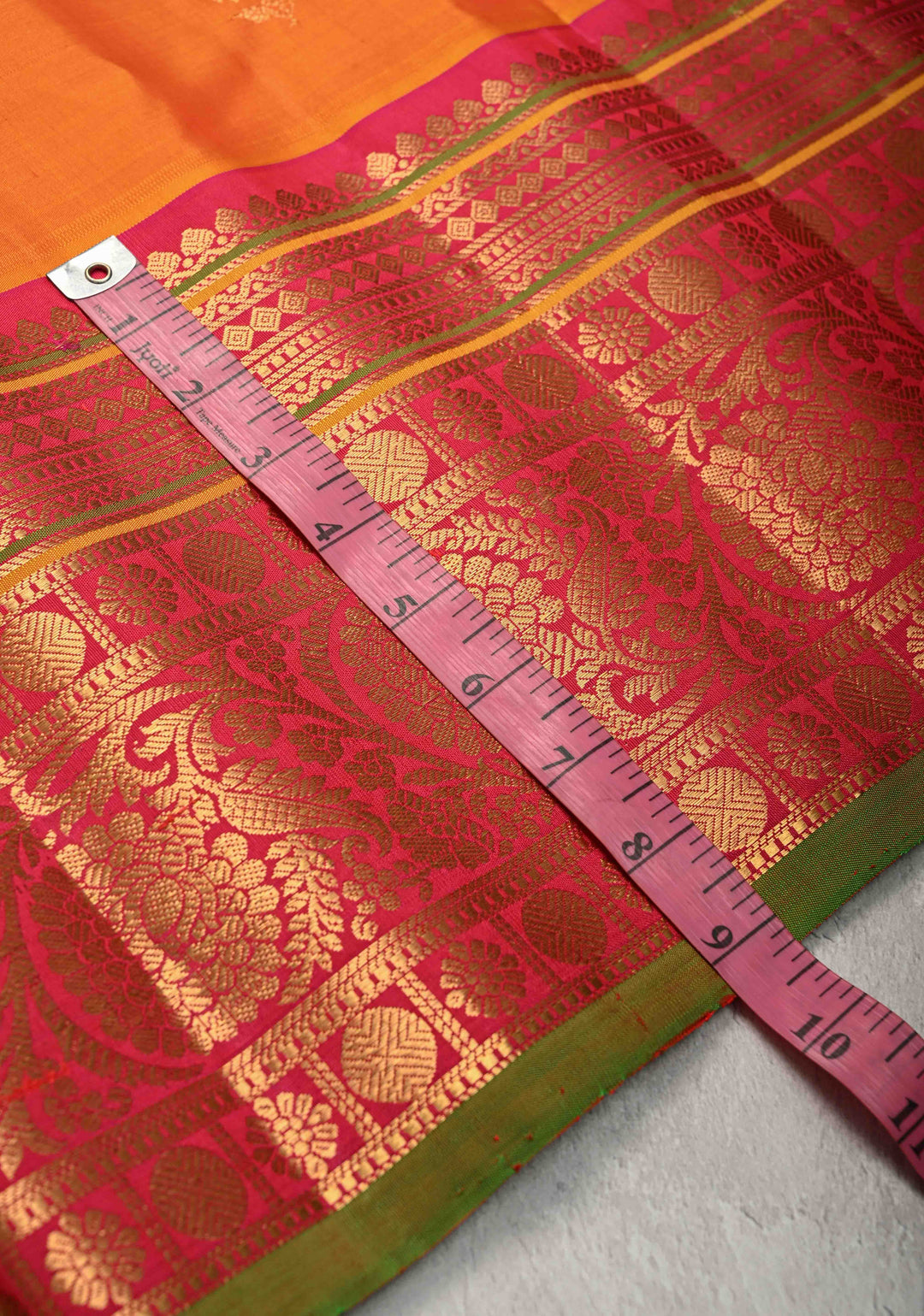 Mustard Orange Pure Gadwal Silk Saree with Meenakari Buttas and Kanchi Border | SILK MARK CERTIFIED
