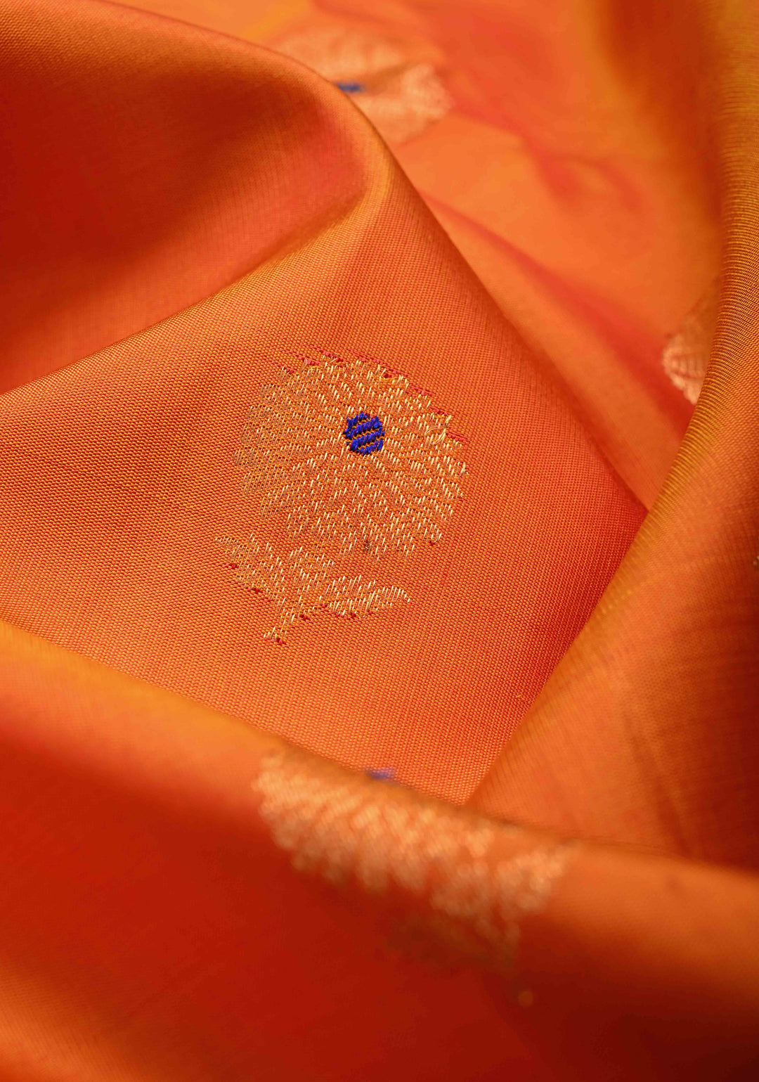 Mustard Orange Pure Gadwal Silk Saree with Meenakari Buttas and Kanchi Border | SILK MARK CERTIFIED