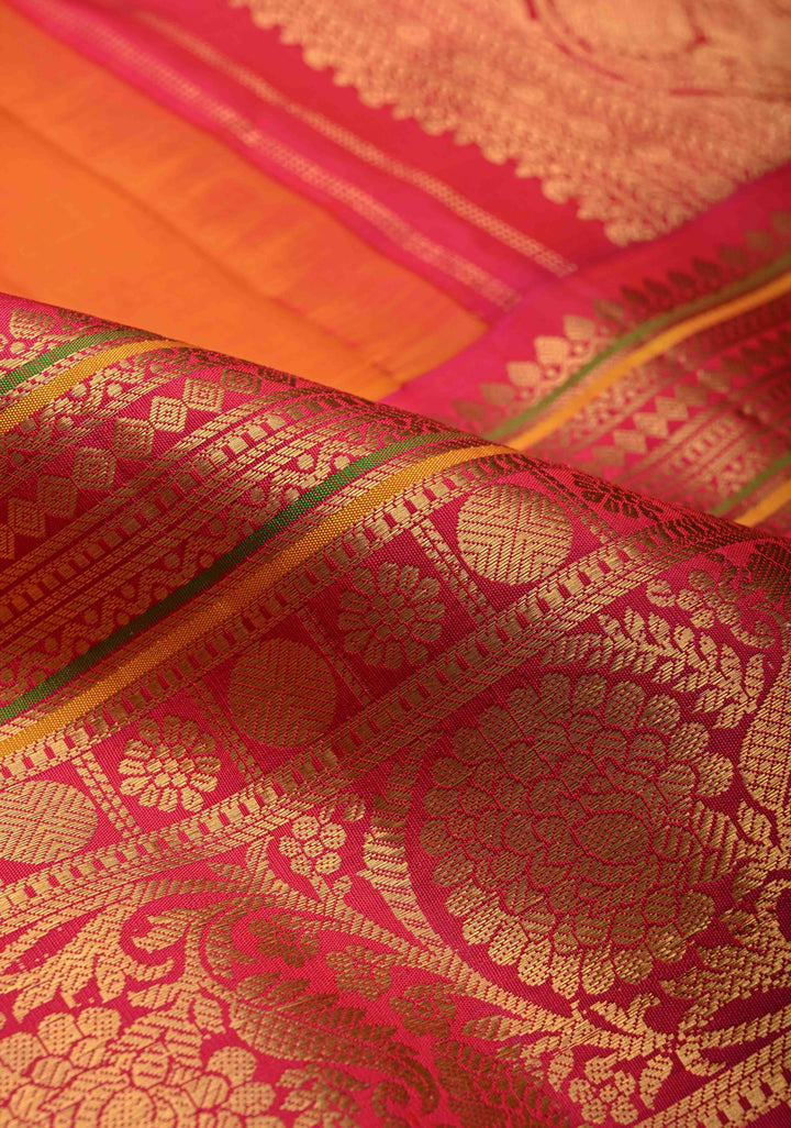 Mustard Orange Pure Gadwal Silk Saree with Meenakari Buttas and Kanchi Border | SILK MARK CERTIFIED