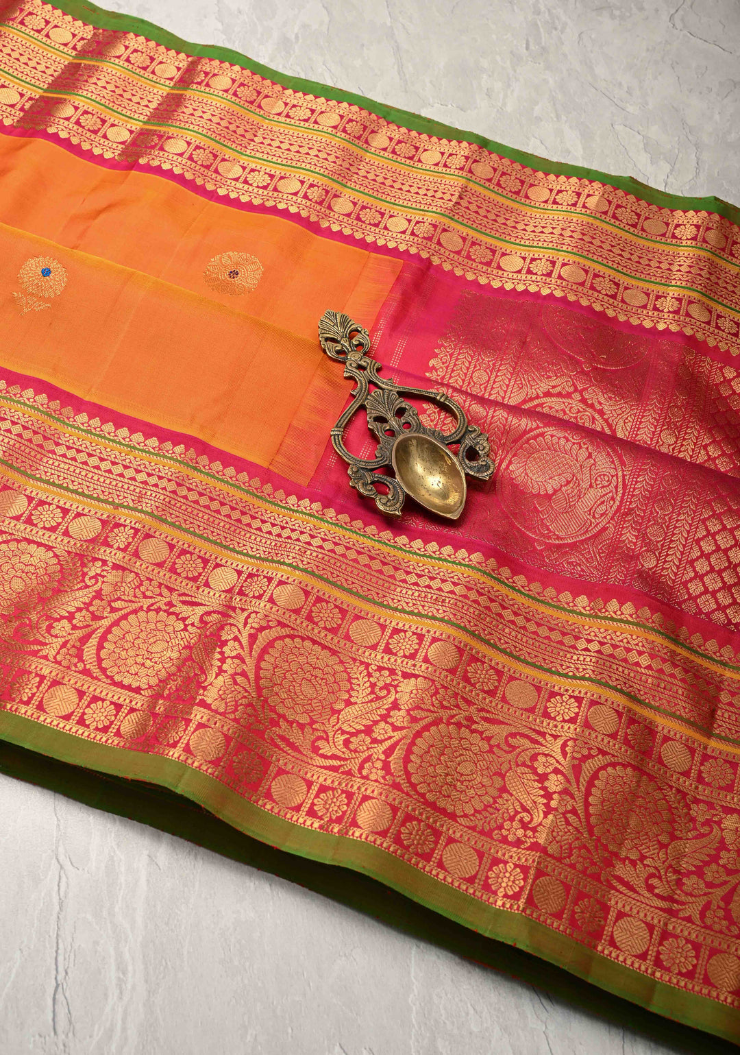 Mustard Orange Pure Gadwal Silk Saree with Meenakari Buttas and Kanchi Border | SILK MARK CERTIFIED