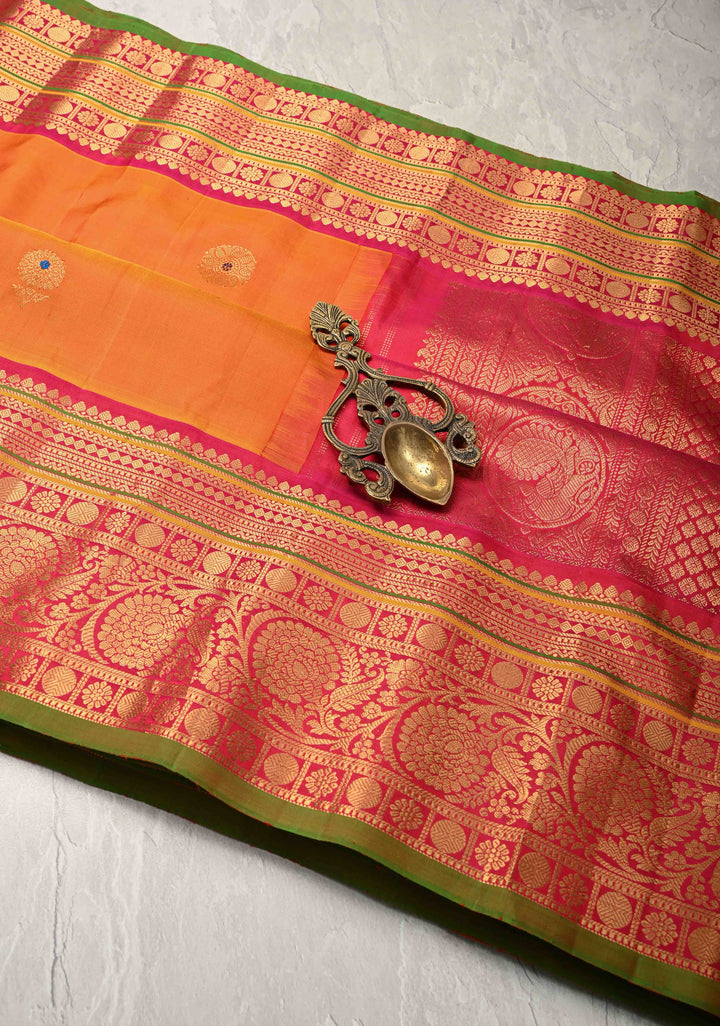 Mustard Orange Pure Gadwal Silk Saree with Meenakari Buttas and Kanchi Border | SILK MARK CERTIFIED