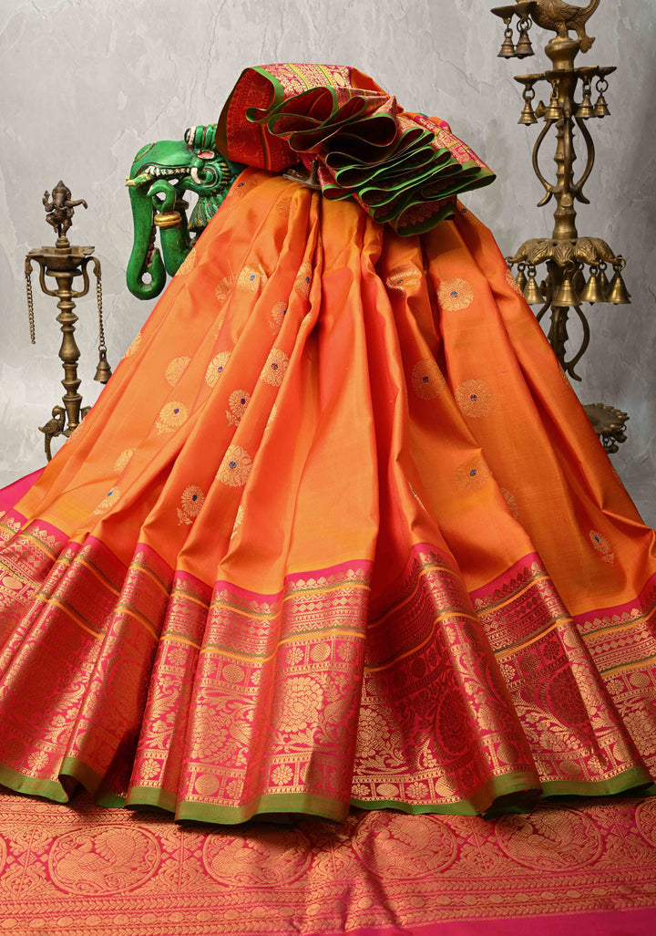Mustard Orange Pure Gadwal Silk Saree with Meenakari Buttas and Kanchi Border | SILK MARK CERTIFIED