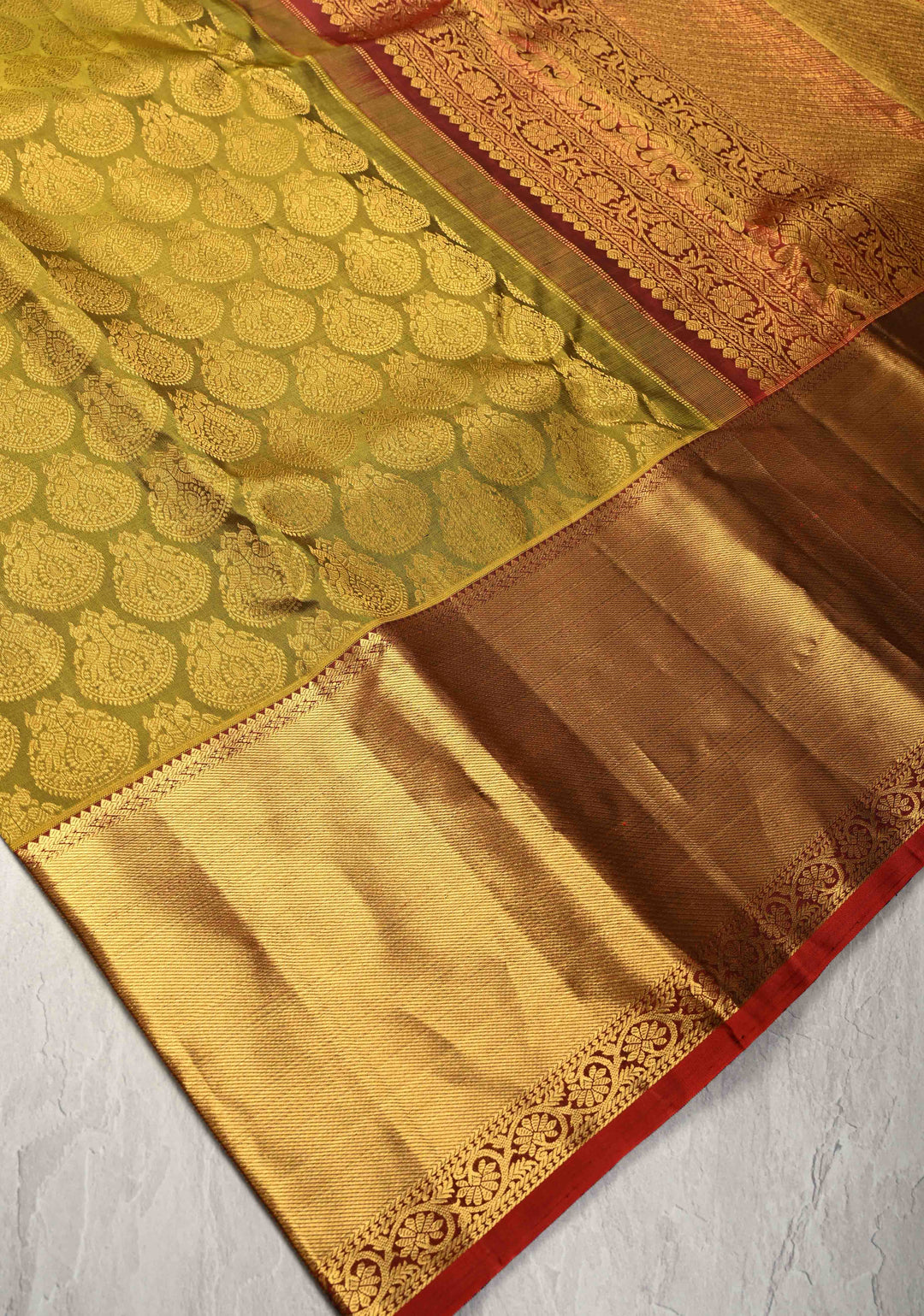 1 Gram Zari Moss Green Pure Kanjivaram Silk Gandaberunda Brocade Saree with Wide Zari Border | SILK MARK CERTIFIED