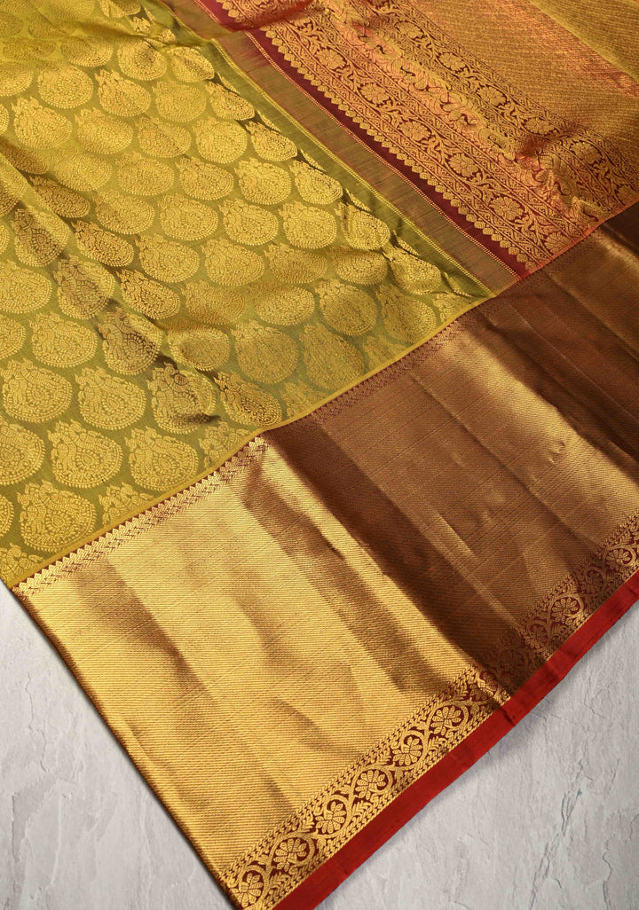 1 Gram Zari Moss Green Pure Kanjivaram Silk Gandaberunda Brocade Saree with Wide Zari Border | SILK MARK CERTIFIED