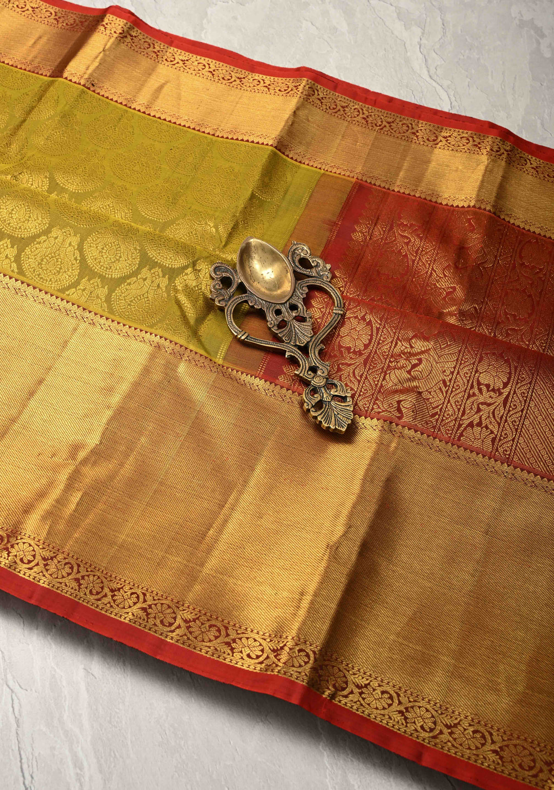 1 Gram Zari Moss Green Pure Kanjivaram Silk Gandaberunda Brocade Saree with Wide Zari Border | SILK MARK CERTIFIED