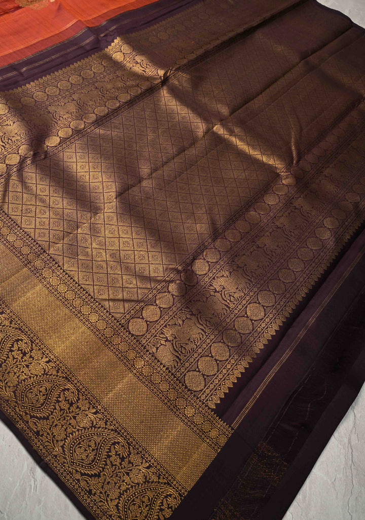 1 Gram Zari Deep Rust Pure Kanjivaram Silk Saree with Twin Paisley Annapakshi Motifs and Zari Border | SILK MARK CERTIFIED