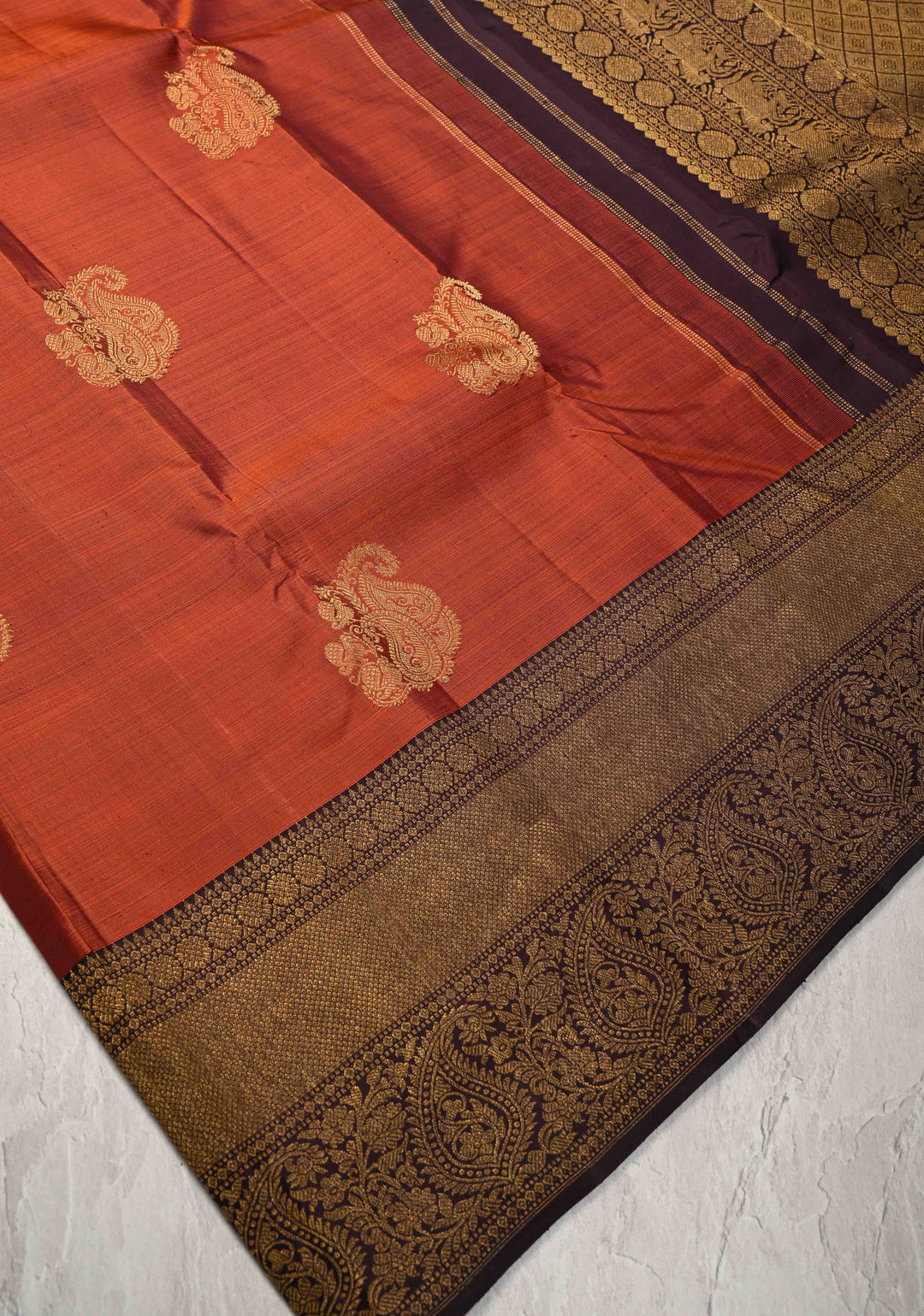 1 Gram Zari Deep Rust Pure Kanjivaram Silk Saree with Twin Paisley Annapakshi Motifs and Zari Border | SILK MARK CERTIFIED