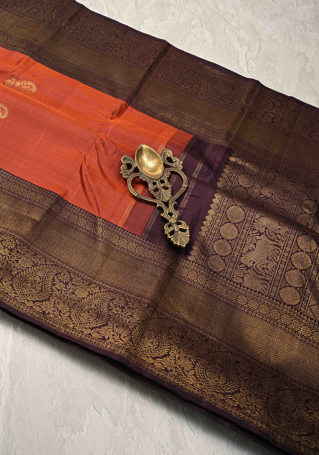 1 Gram Zari Deep Rust Pure Kanjivaram Silk Saree with Twin Paisley Annapakshi Motifs and Zari Border | SILK MARK CERTIFIED