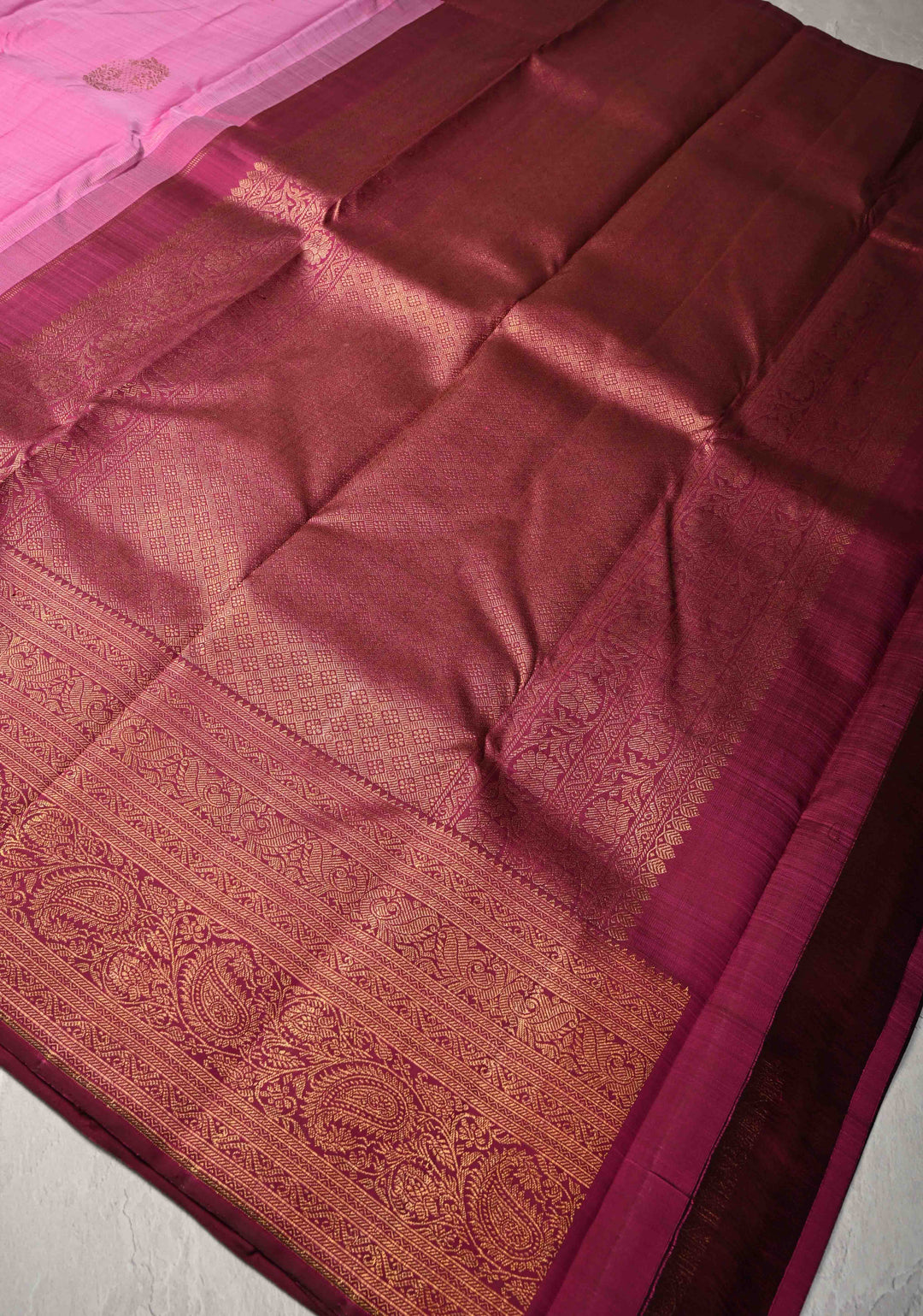 1 Gram Zari Bubblegum Pink Pure Kanjivaram Silk Saree with Zari Buttas and Contrast Zari Border | SILK MARK CERTIFIED