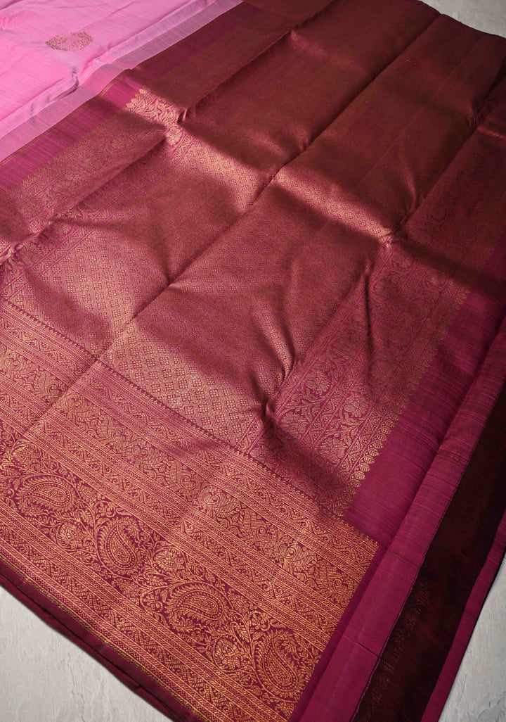 1 Gram Zari Bubblegum Pink Pure Kanjivaram Silk Saree with Zari Buttas and Contrast Zari Border | SILK MARK CERTIFIED