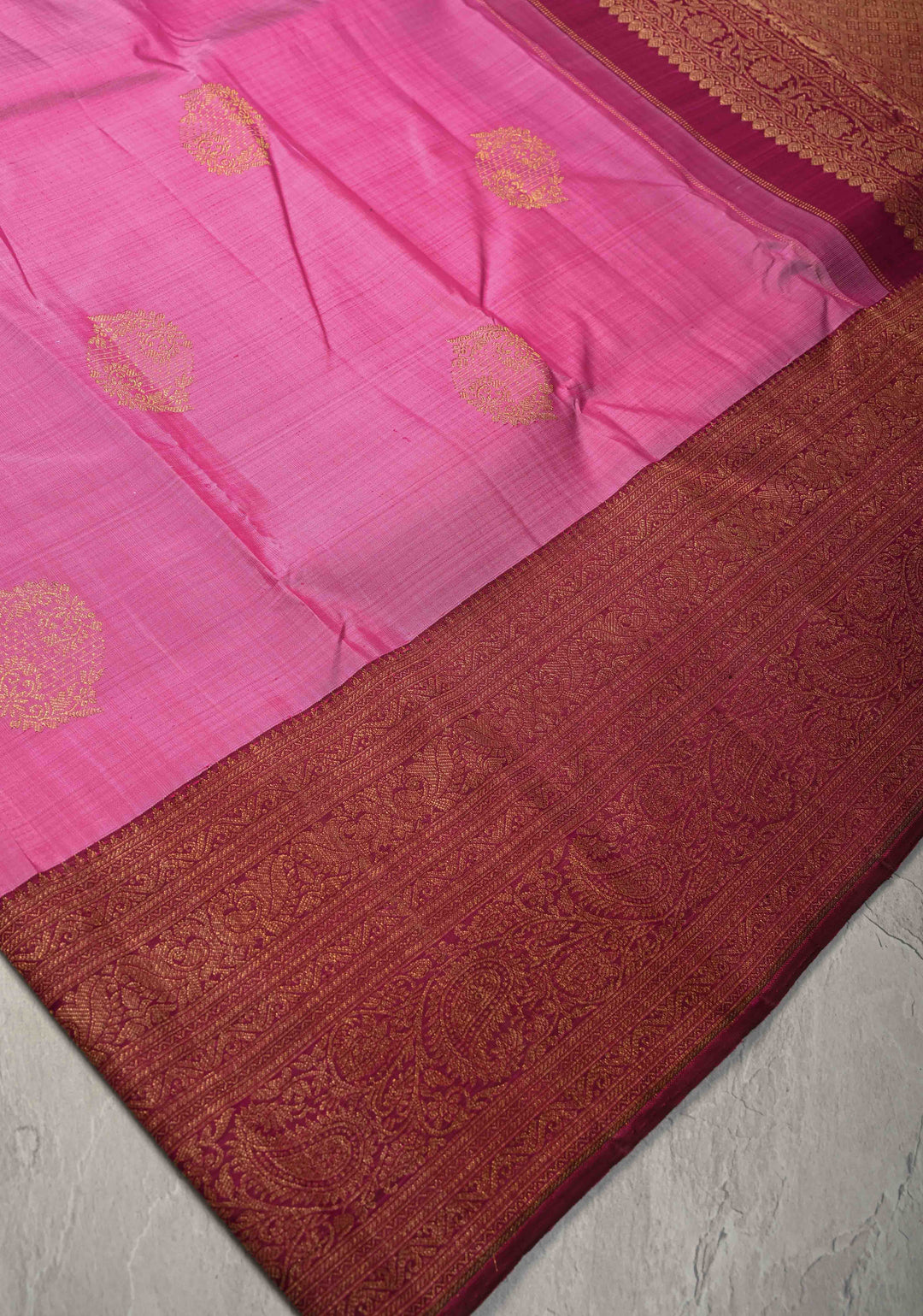 1 Gram Zari Bubblegum Pink Pure Kanjivaram Silk Saree with Zari Buttas and Contrast Zari Border | SILK MARK CERTIFIED