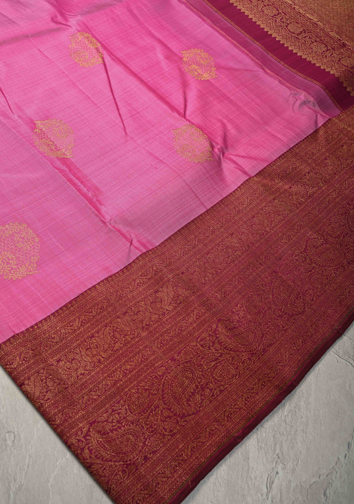 1 Gram Zari Bubblegum Pink Pure Kanjivaram Silk Saree with Zari Buttas and Contrast Zari Border | SILK MARK CERTIFIED