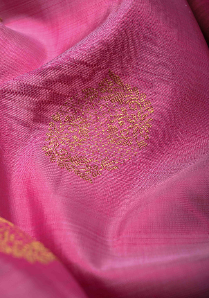 1 Gram Zari Bubblegum Pink Pure Kanjivaram Silk Saree with Zari Buttas and Contrast Zari Border | SILK MARK CERTIFIED