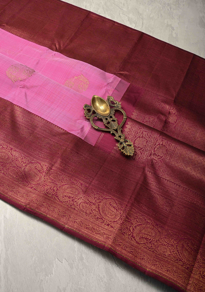 1 Gram Zari Bubblegum Pink Pure Kanjivaram Silk Saree with Zari Buttas and Contrast Zari Border | SILK MARK CERTIFIED