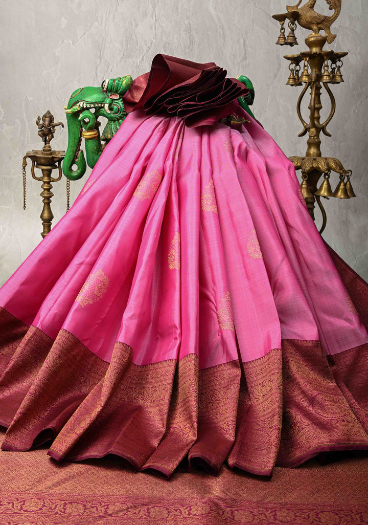 1 Gram Zari Bubblegum Pink Pure Kanjivaram Silk Saree with Zari Buttas and Contrast Zari Border | SILK MARK CERTIFIED