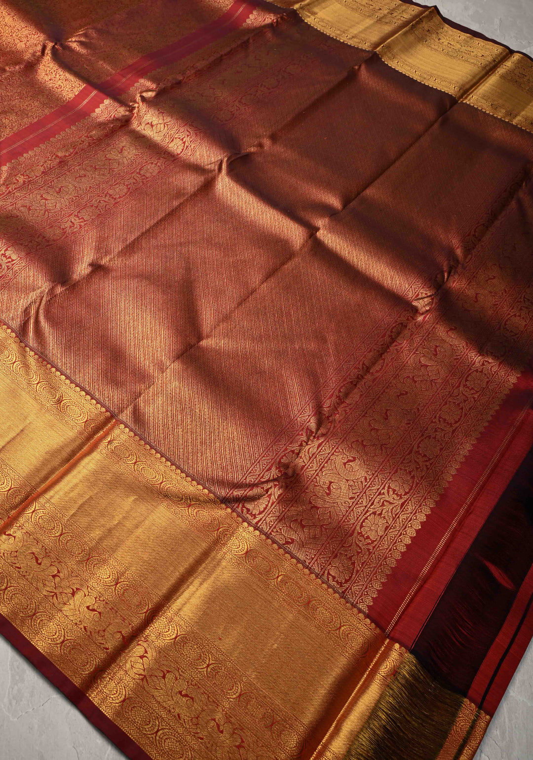 1 Gram Zari Maroon Pure Kanjivaram Silk Saree with Peacock Brocade and Zari Border | SILK MARK CERTIFIED