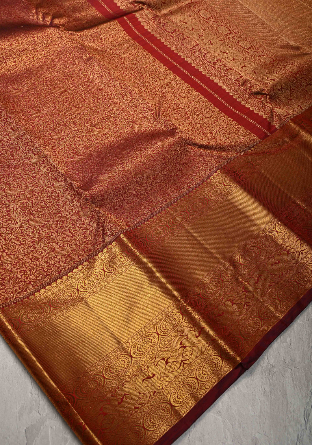 1 Gram Zari Maroon Pure Kanjivaram Silk Saree with Peacock Brocade and Zari Border | SILK MARK CERTIFIED
