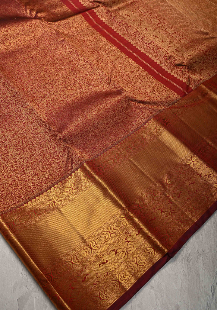 1 Gram Zari Maroon Pure Kanjivaram Silk Saree with Peacock Brocade and Zari Border | SILK MARK CERTIFIED